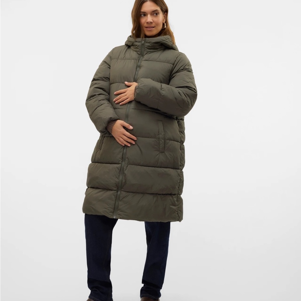 Medium Materniyy Vero Moda Olive Green Long Puffer Coat with Hood